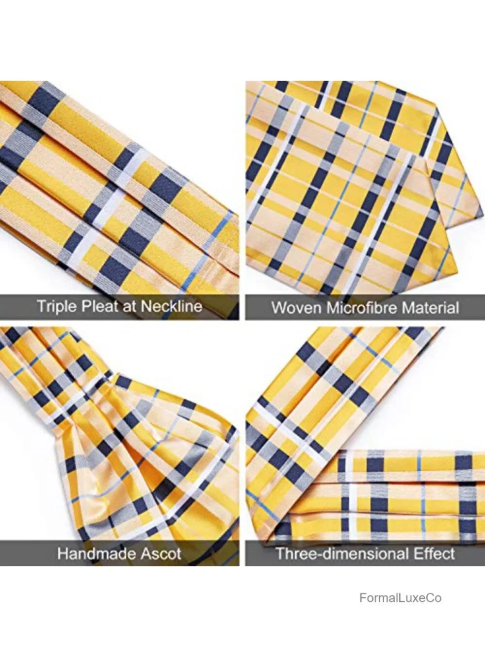 Silk Jacquard Woven Ascot Tie Set with Pocket Square Cufflinks Lapel Pin for